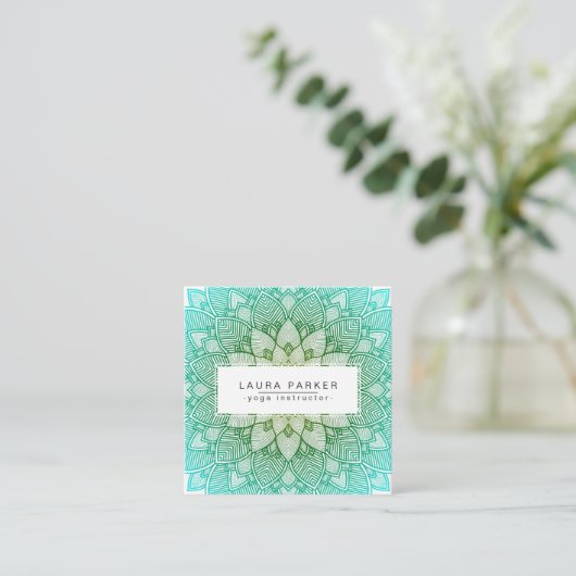 Blauwgroen Groen Lotus Mandala Yoga Meditation Hol Vierkante Visitekaartje (Staand voorkant)