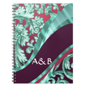 Blauwgroen groen & magenta damask notitieboek