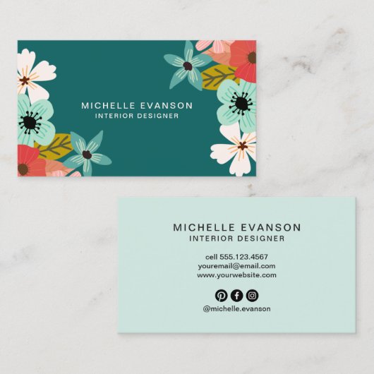Blauwgroen Groen Moderne Bloemen Kleurrijke Bloeme Visitekaartje (Voorkant / Achterkant)