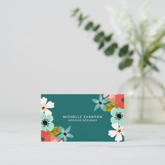 Blauwgroen Groen Moderne Bloemen Kleurrijke Bloeme Visitekaartje (Staand voorkant)