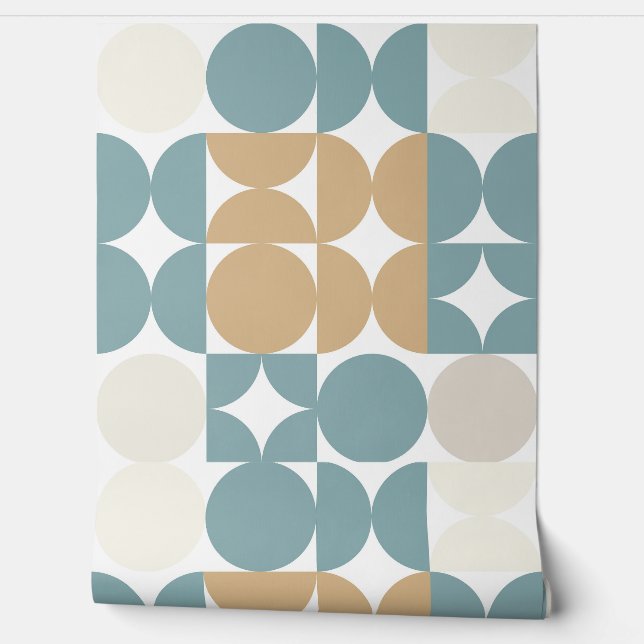 Blauwgroen groen oker bruin beige taupe cirkelpatr behang (Afrollen)