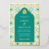 Blauwgroen Groen Perzisch Mozaïek Moslim Bruiloft Folie Uitnodiging (Voorkant)