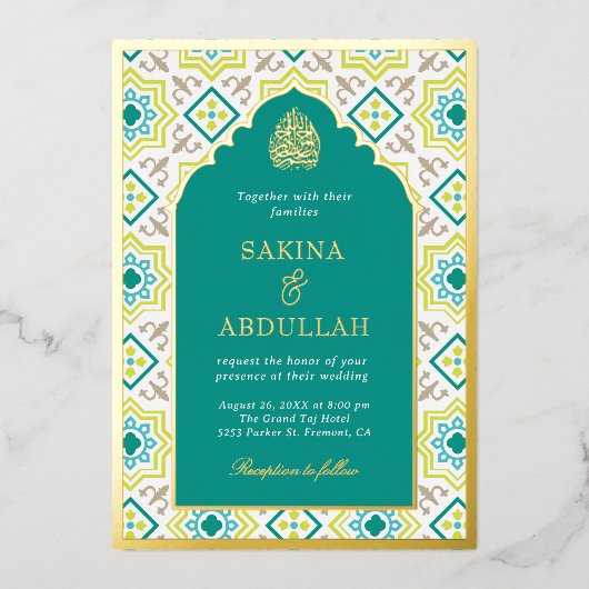 Blauwgroen Groen Perzisch Mozaïek Moslim Bruiloft Folie Uitnodiging (Voorkant)