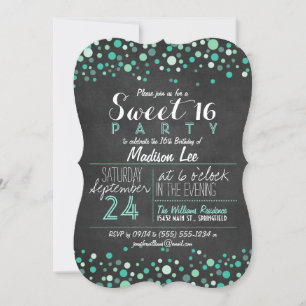 Blauwgroen Groen Retro Chalkboard Sweet 16 Party Kaart