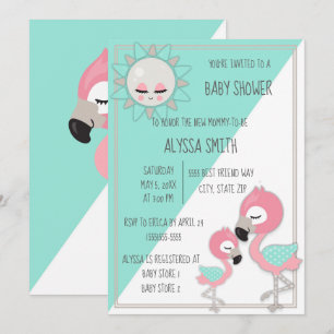 Blauwgroen/groen roze flamingo Baby Girl Shower Kaart