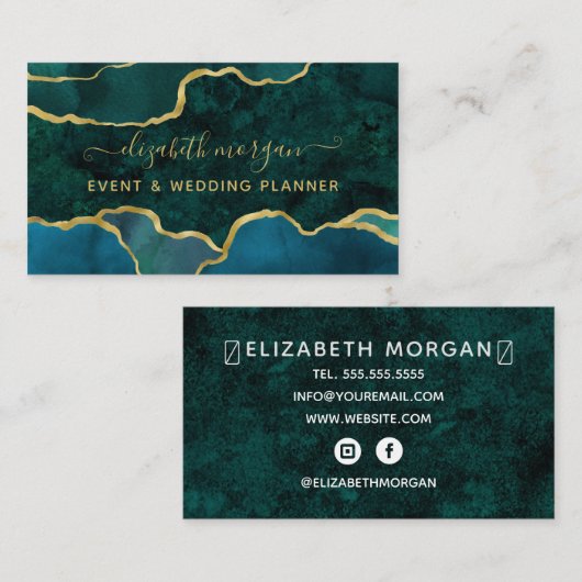 Blauwgroen Groen Script Marmeren Agaat Gouden Foli Visitekaartje (Voorkant / Achterkant)