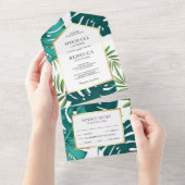 Blauwgroen groen tropisch palmmonstera levewieden all in one uitnodiging (Afscheurbaar)