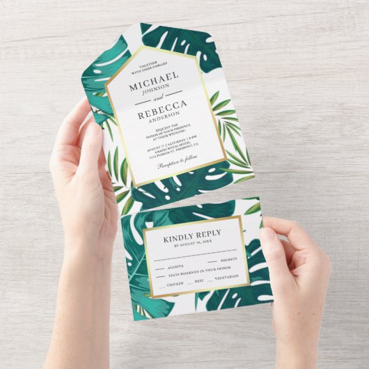 Blauwgroen groen tropisch palmmonstera levewieden all in one uitnodiging (Afscheurbaar)