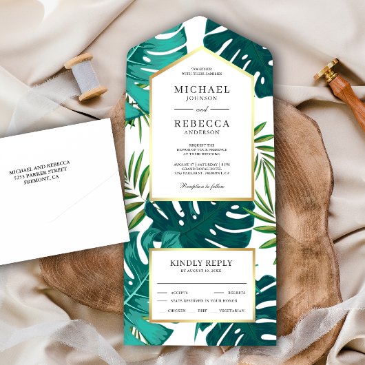 Blauwgroen groen tropisch palmmonstera levewieden all in one uitnodiging