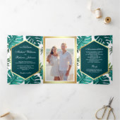 Blauwgroen groen tropisch palmmonstera levewieden drieluik uitnodiging (Binnen)