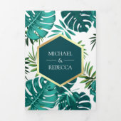 Blauwgroen groen tropisch palmmonstera levewieden drieluik uitnodiging (Cover)