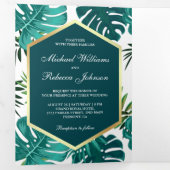 Blauwgroen groen tropisch palmmonstera levewieden drieluik uitnodiging (Binnenzijde eerst)