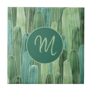 Blauwgroen Groen Waterverf Cactussen Monogram Tegeltje