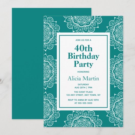 Blauwgroen Groen & Wit Mandala Bloem 40ste Verjaar Kaart (Voorkant / Achterkant)