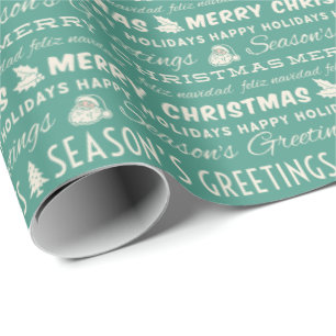 Blauwgroen Groen Wit Vrolijk Kerstmis Retro Typogr Cadeaupapier