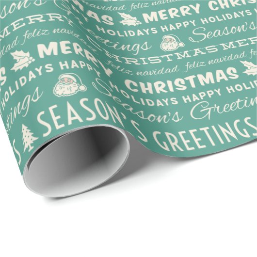 Blauwgroen Groen Wit Vrolijk Kerstmis Retro Typogr Cadeaupapier (Rol Hoek)