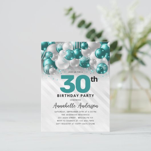 Blauwgroen Groen Zilveren Ballon Glitter 30e Verja Briefkaart (Staand voorkant)