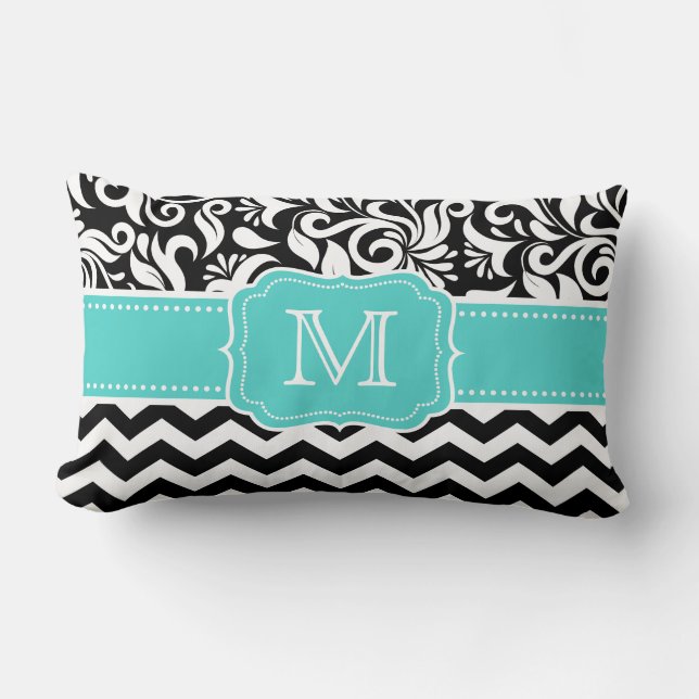 Blauwgroen groen zwart wit Chevron Damask Monogram Kussen (Voorkant)