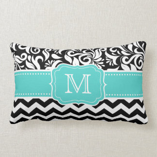 Blauwgroen groen zwart wit Chevron Damask Monogram Kussen
