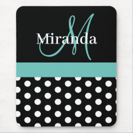 Blauwgroen Groen Zwart Witte Polka Dot Monogram Muismat