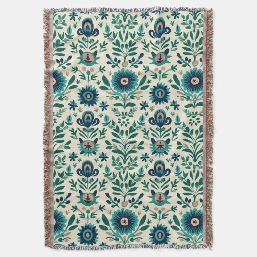 Blauwgroen Groen Zweeds Folk Art Pattern Deken (Voorkant Verticaal)