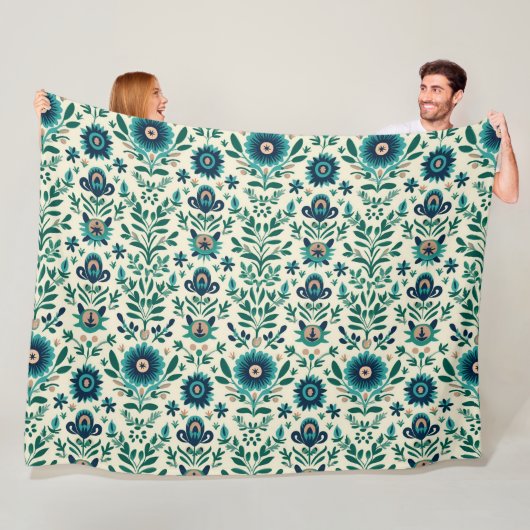 Blauwgroen Groen Zweeds Folk Art Pattern Fleece Deken (In situ)