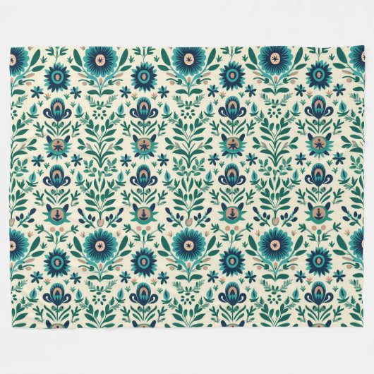 Blauwgroen Groen Zweeds Folk Art Pattern Fleece Deken (Voorkant (Horizontaal))