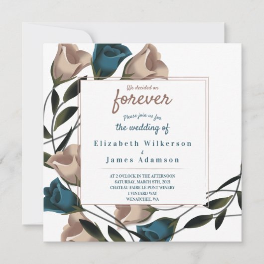 Blauwgroen groene, beige Rozen bruiloft uitnodigin Kaart (Voorkant)