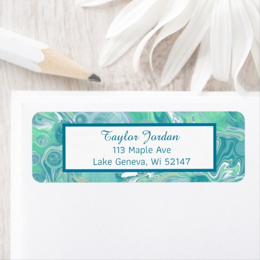 Blauwgroen groene blauwe marmer Fluid Art op maat Etiket (Insitu)