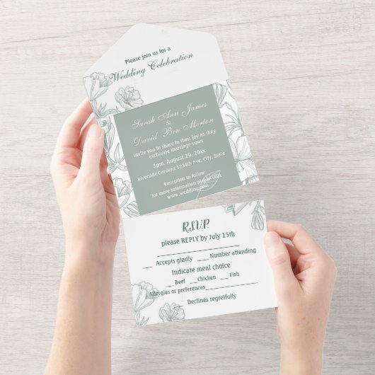 Blauwgroen groene botanische bloemen Kunstmatig Ee All In One Uitnodiging (Afscheurbaar)