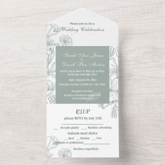 Blauwgroen groene botanische bloemen Kunstmatig Ee All In One Uitnodiging (Binnen)