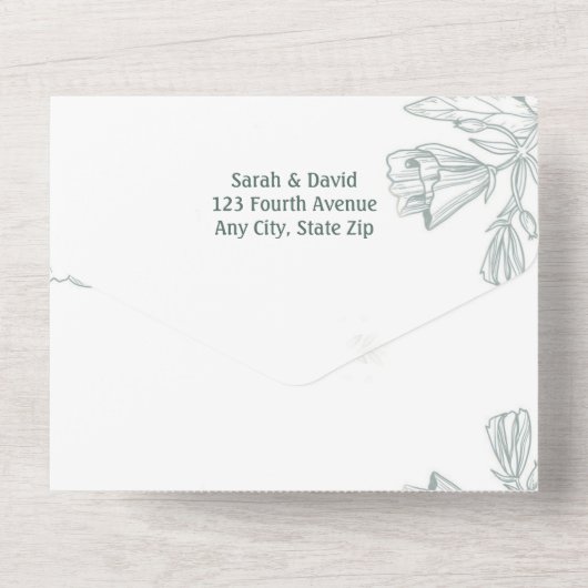 Blauwgroen groene botanische bloemen Kunstmatig Ee All In One Uitnodiging (Achterkant)