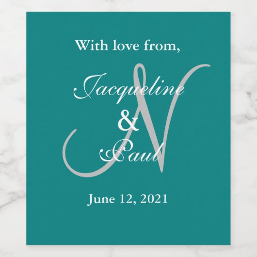 Blauwgroen Groene Bruiloft Monogram Labels Wijn Etiket (Enkel label)