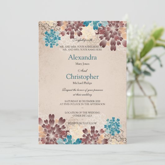 Blauwgroen groene, bruine en ivoren bloemen Retro Kaart (Staand voorkant)