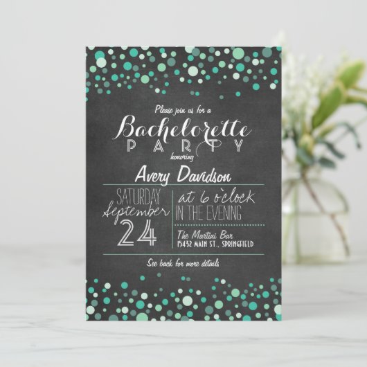 Blauwgroen Groene Confetti Chalkboard Bachelorette Kaart (Staand voorkant)