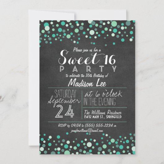 Blauwgroen Groene Confetti Krijtbord Sweet 16 Part Kaart (Voorkant)