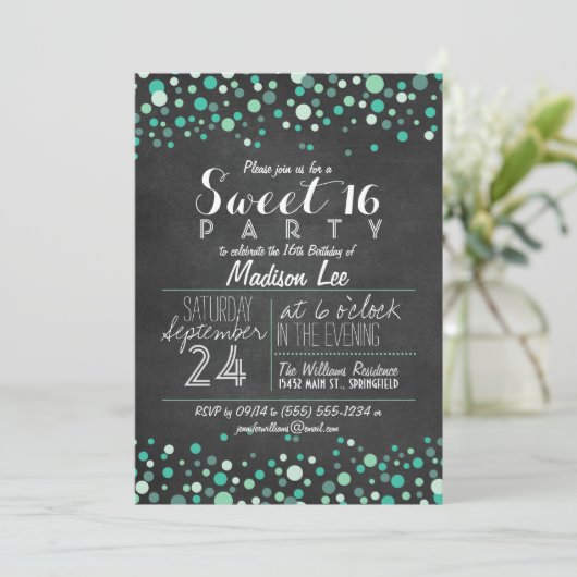 Blauwgroen Groene Confetti Krijtbord Sweet 16 Part Kaart (Staand voorkant)
