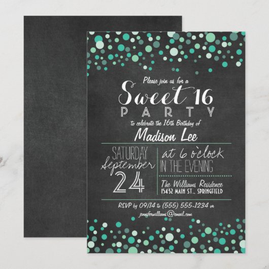 Blauwgroen Groene Confetti Krijtbord Sweet 16 Part Kaart (Voorkant / Achterkant)