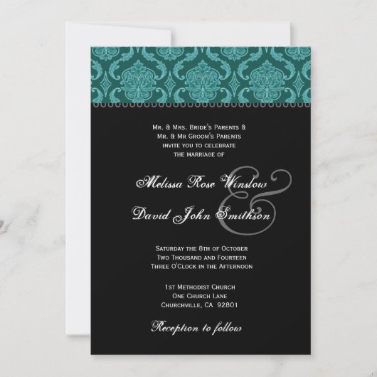 Blauwgroen Groene Damask en Black Wedding Ver2 Kaart (Voorkant)