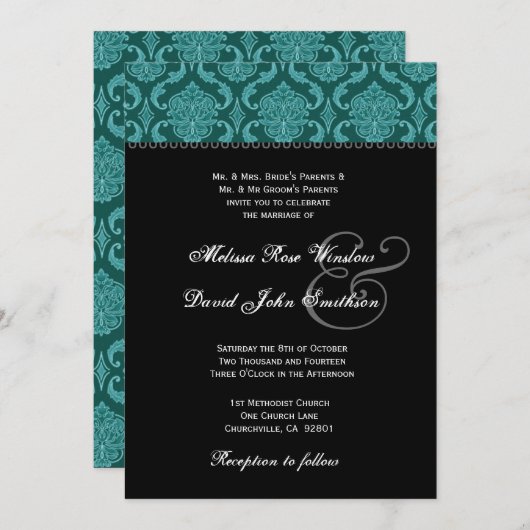 Blauwgroen Groene Damask en Black Wedding Ver2 Kaart (Voorkant / Achterkant)