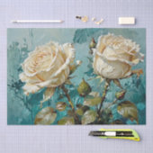 Blauwgroen Groene en Crème Rozen Floral Art Tissue Tissuepapier (Craft)