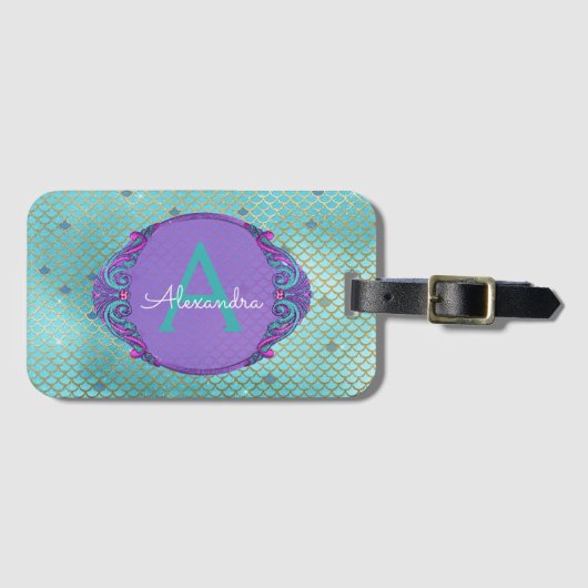 Blauwgroen groene en Paarse zeemeerminnen monogram Bagagelabel (Voorkant (horizontaal))