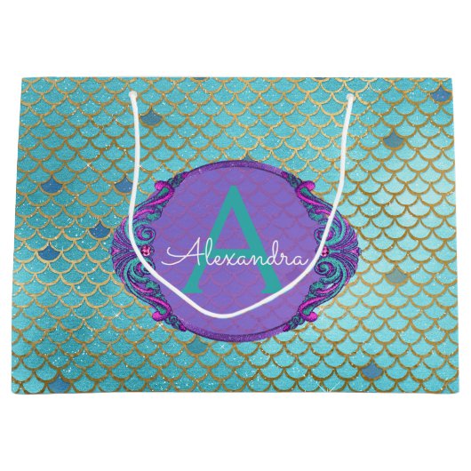 Blauwgroen groene en Paarse zeemeerminnen monogram Groot Cadeauzakje (Voorkant)