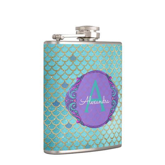 Blauwgroen groene en Paarse zeemeerminnen monogram Heupfles (Rechts)