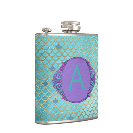 Blauwgroen groene en Paarse zeemeerminnen monogram Heupfles (Rechts)