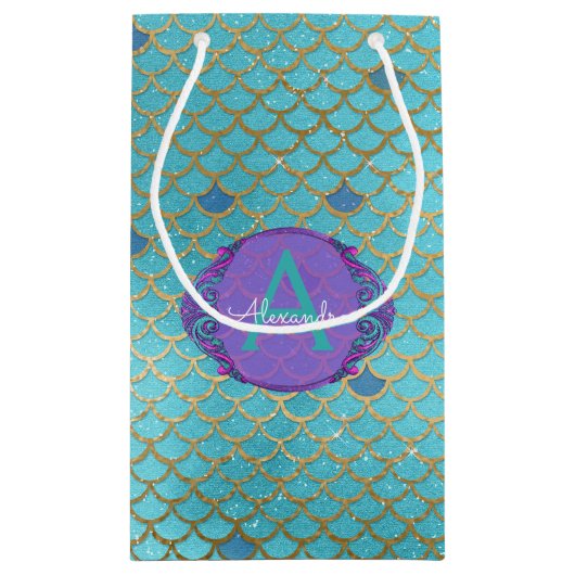 Blauwgroen groene en Paarse zeemeerminnen monogram Klein Cadeauzakje (Achterkant)