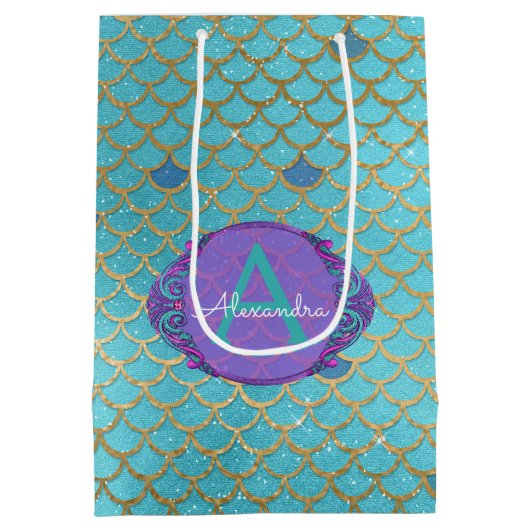 Blauwgroen groene en Paarse zeemeerminnen monogram Medium Cadeauzakje (Achterkant)