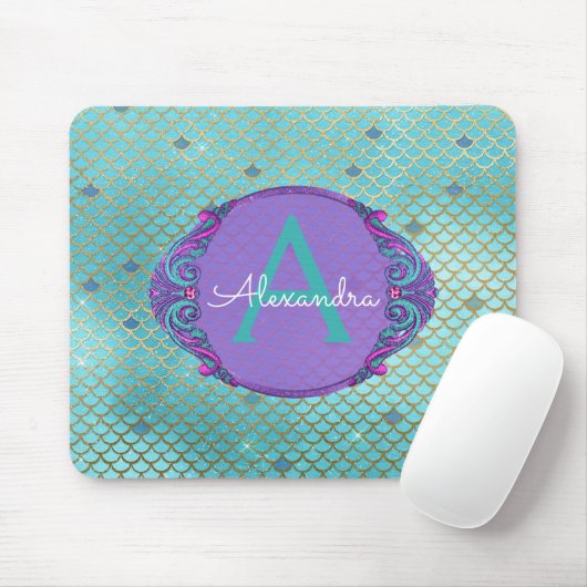 Blauwgroen groene en Paarse zeemeerminnen monogram Muismat (Met muis)