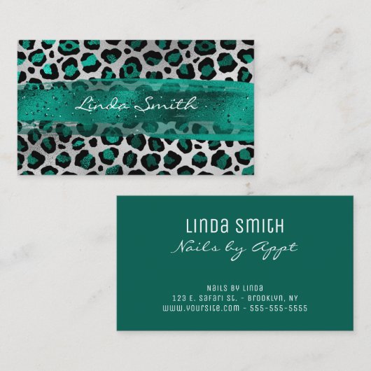 Blauwgroen groene en zilveren oliepleopardpenseel  visitekaartje (Voorkant / Achterkant)