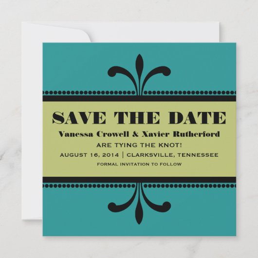 Blauwgroen/groene Fancy Kunst Deco sparen de Datum Save The Date (Voorkant)